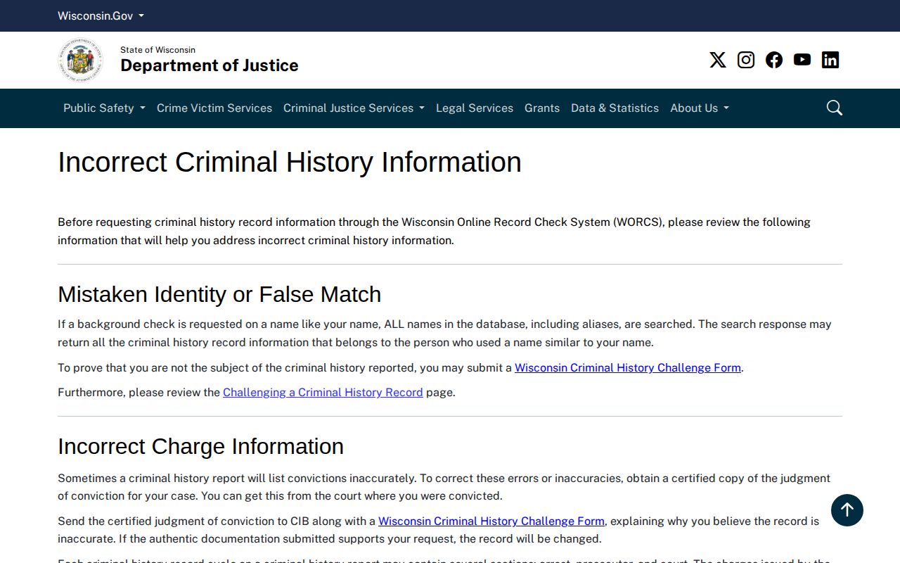 Wisconsin Department of Justice official criminal history correction information page