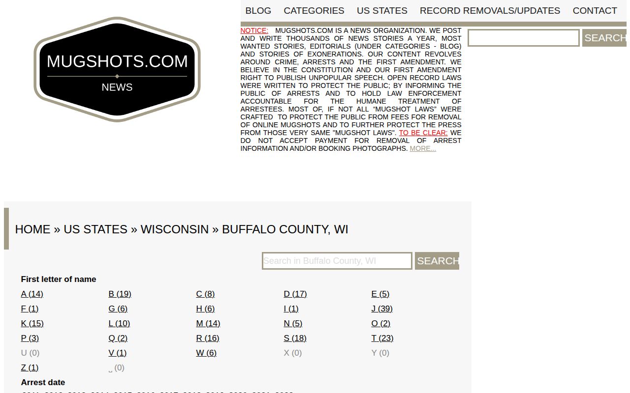 Third-party Mugshots.com Buffalo County Wisconsin page shown as an unofficial source